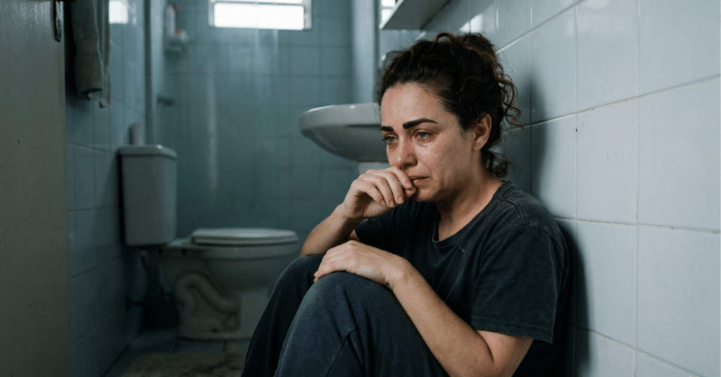 Símbolo do colapso físico de uma mãe brasileira que tenta ser perfeita, ilustrando os sinais físicos de esgotamento materno e burnout no chão do banheiro.