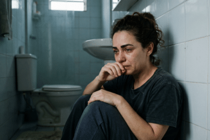 Símbolo do esgotamento materno: mãe exausta chorando no chão do banheiro, ilustrando o colapso físico e emocional da síndrome da mãe perfeita.