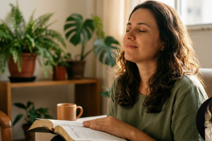 Mãe cristã encontrando paz e descanso em Deus, ilustrando como vencer a ansiedade e pensamentos negativos com a Bíblia e orientações da Psicóloga Ruth Ataíde.