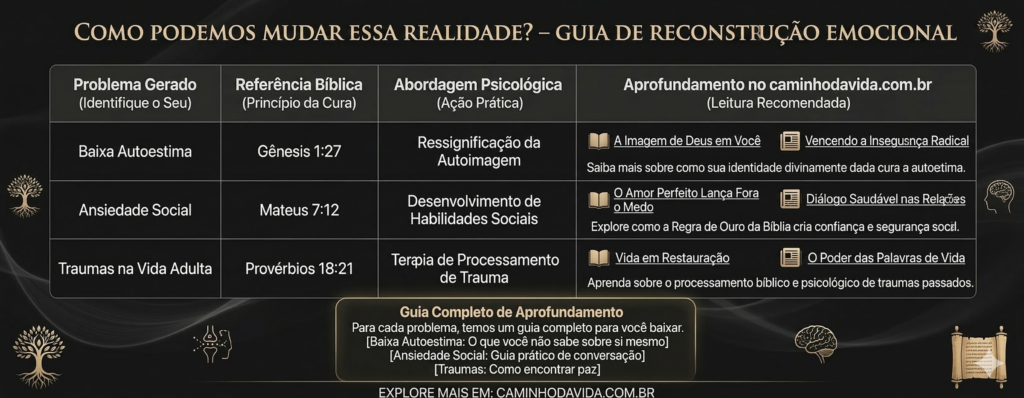 Tabela "Guia de Reconstrução Emocional" relacionando problemas como baixa autoestima, ansiedade social e traumas com referências bíblicas (Gênesis, Mateus, Provérbios) e abordagens psicológicas da psicóloga Ruth Ataide.