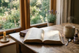 Bíblia sagrada aberta em uma mesa de madeira rústica, iluminada pelo sol da manhã, ao lado de um óleo essencial de lavanda, ilustrando como vencer a ansiedade segundo a Bíblia e encontrar a paz.