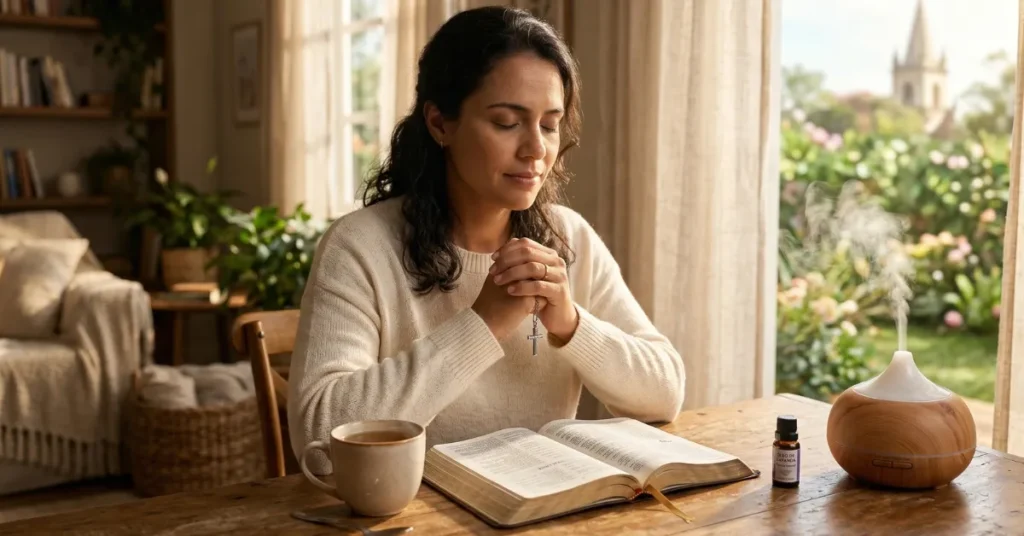 Mulher cristã orando e buscando como acalmar a mente ansiosa com Deus, com uma Bíblia e difusor de óleos essenciais na mesa.