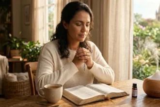 Mulher cristã orando e buscando como acalmar a mente ansiosa com Deus, com uma Bíblia e difusor de óleos essenciais na mesa.
