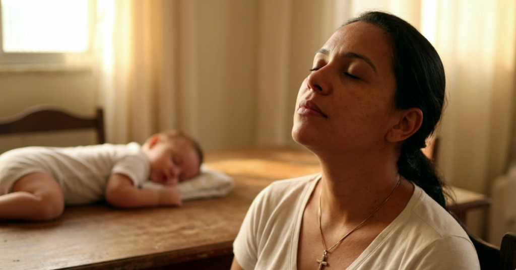 Mãe cristã encontrando paz e alívio ao aprender como lidar com o esgotamento emocional na maternidade cristã.