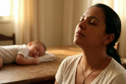 Mãe cristã encontrando paz e alívio ao aprender como lidar com o esgotamento emocional na maternidade cristã.