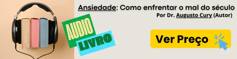 Smartphone exibindo a interface do audiobook Ansiedade de Augusto Cury, ao lado de fones de ouvido, com botão amarelo indicando ação para ouvir na Amazon.