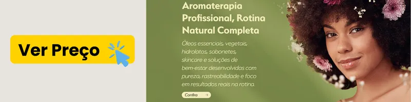 Banner de aromaterapia com uma mulher sorrindo cercada por elementos naturais e um botão amarelo de Ver Preço. Recomendação de óleos essenciais para acalmar a ansiedade e melhorar o sono.