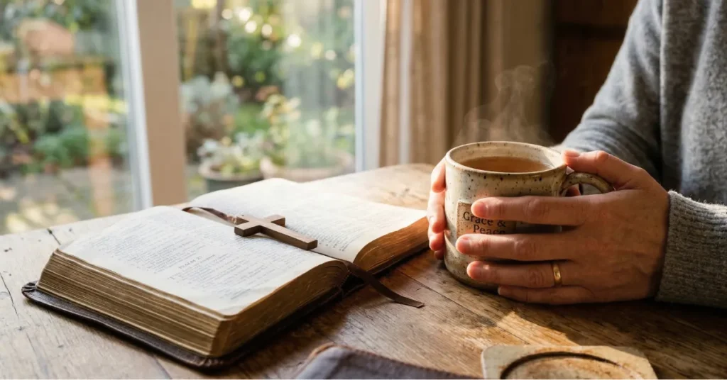 Mãos segurando uma xícara de chá quente perto de uma Bíblia aberta, transmitindo paz e conforto espiritual para quem busca como vencer a ansiedade.