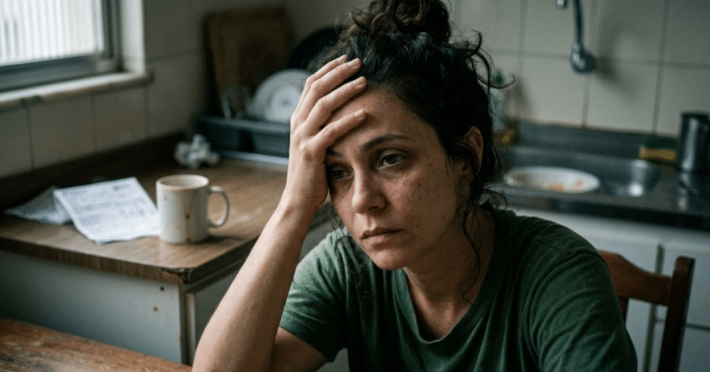 Mulher brasileira sentada à mesa da cozinha na madrugada com expressão de exaustão mental profunda, mão na cabeça e contas espalhadas.