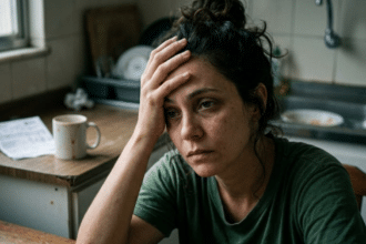 Exaustão mental no casamento: mulher brasileira sentada à mesa da cozinha na madrugada com expressão de esgotamento profundo, mão na cabeça e contas espalhadas.