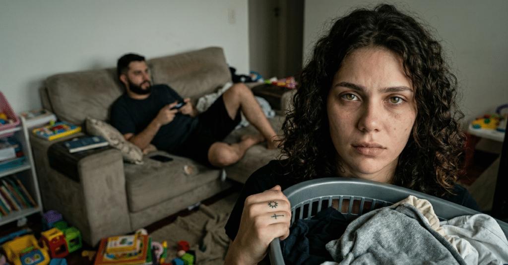 Síndrome da mulher maravilha: esposa profundamente exausta segurando cesto de roupas enquanto o marido joga videogame no sofá.