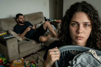 Síndrome da mulher maravilha: esposa profundamente exausta segurando cesto de roupas enquanto o marido joga videogame no sofá.