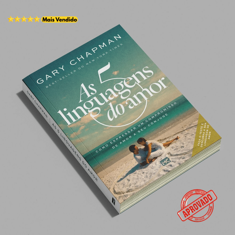 Livro As 5 Linguagens do Amor de Gary Chapman em 3D, com selo de mais vendido e aprovação para restaurar casamento em crise.